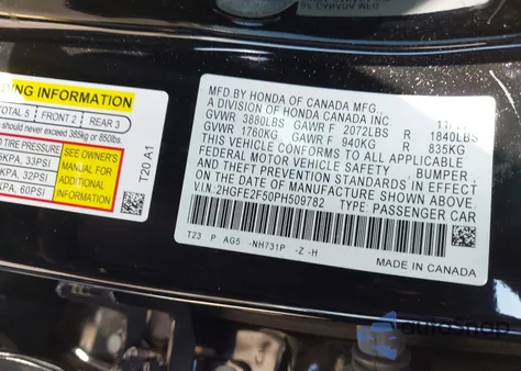 2023 Honda Civic Sport z USA, uszkodzony, nr VIN 2HGFE2F50PH509782